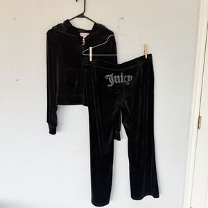 Juicy Couture Tracksuit Womens XL Black‎ OG Big Bling Velour Y2K Hoodie Pants